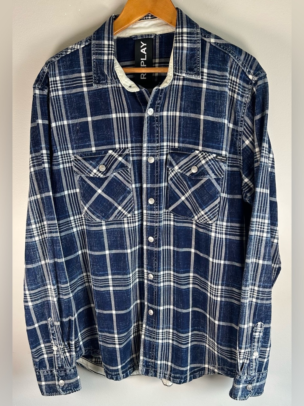 Replay Men's Snap Button Shirt Size XXL Check Plaid Indigo Cotton Twill Pockets